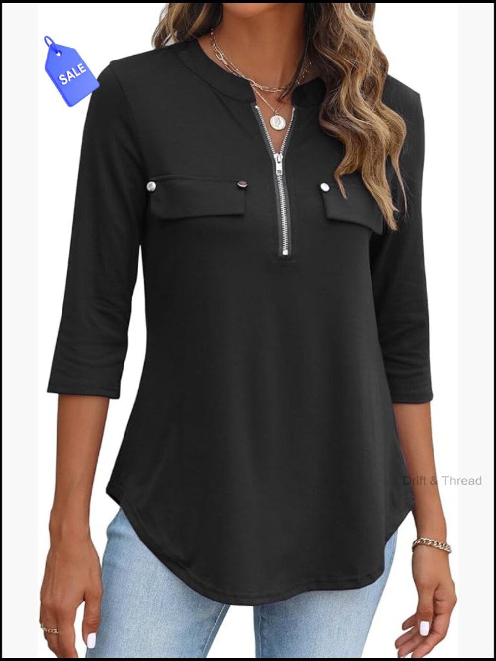 Womens V Neck 3/4 Sleeve Zip Tunic Blouse Business Casual Work Top